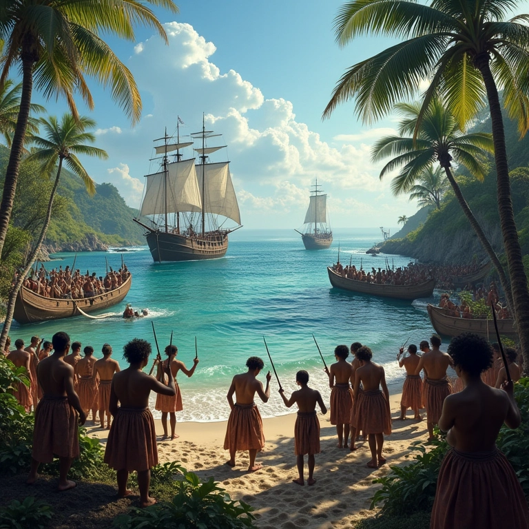 Conflito entre a tripulação de Magalhães e nativos em uma ilha tropical.