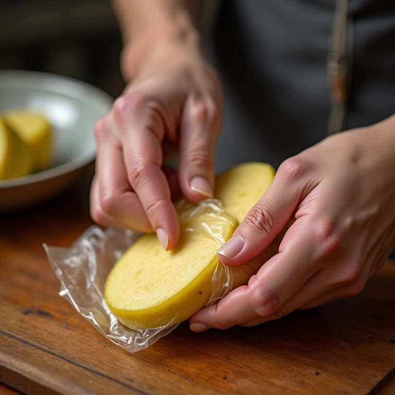 Conservando gengibre fresco em plástico filme para maior durabilidade.