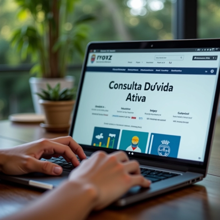 Consulta online da Dívida Ativa da União sendo realizada em um laptop.