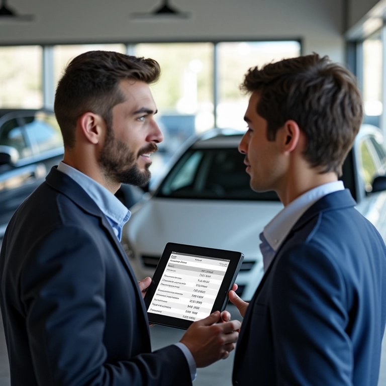 Consultor de serviços explicando os custos da primeira revisão para o proprietário do carro em concessionária.