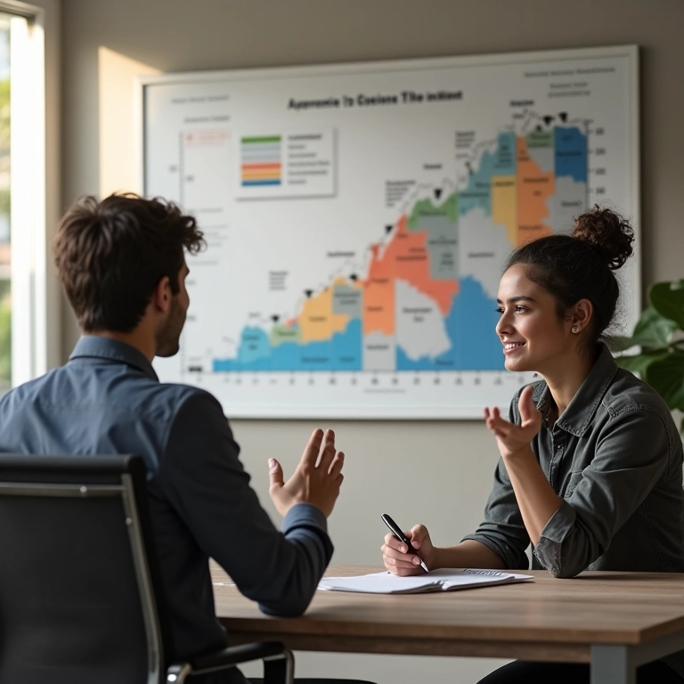 Consultor financeiro explicando a importância do ciclo de vida financeiro para um jovem adulto.