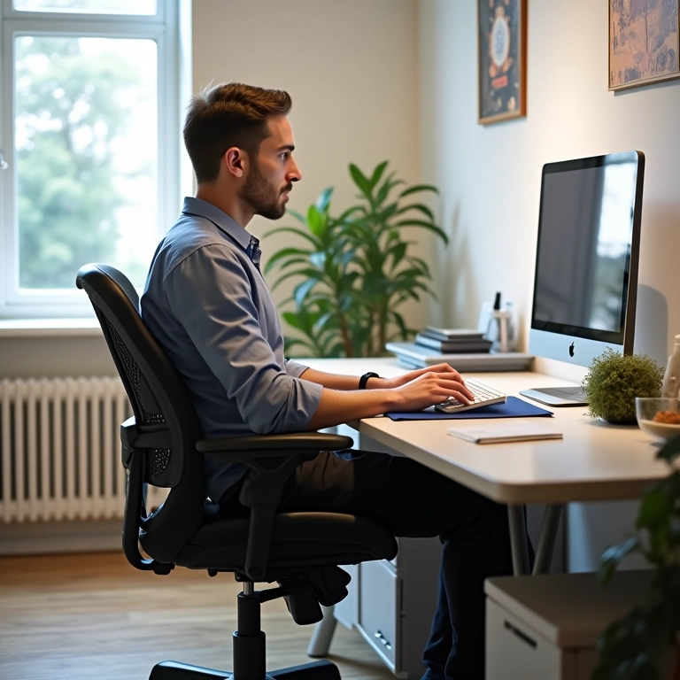 Contador trabalhando em mesa ergonômica em escritório funcional.