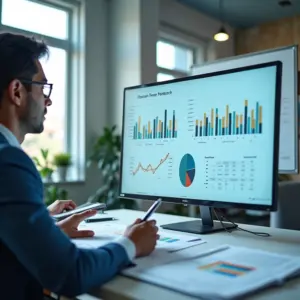 Contadora analisando relatórios financeiros com gráficos mostrando vantagens do Lucro Real.