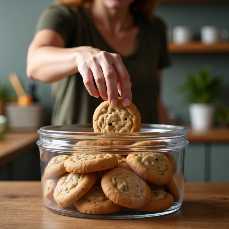 Cookies armazenados em recipiente hermético.