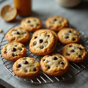 Cookies de chocolate crocantes em cima de uma grade.
