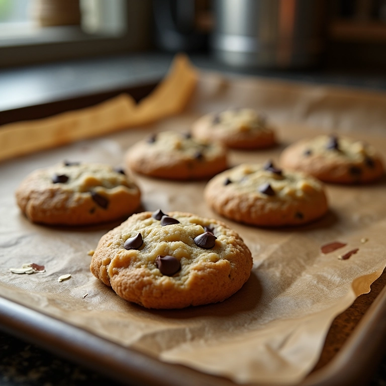 Cookies fit de amêndoas e gotas de chocolate dispostos em uma assadeira, com luz natural.