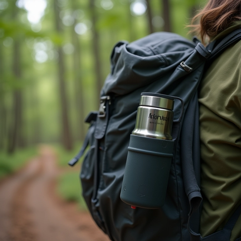 Copo retrátil da Menos 1 Lixo pendurado em mochila durante trilha.