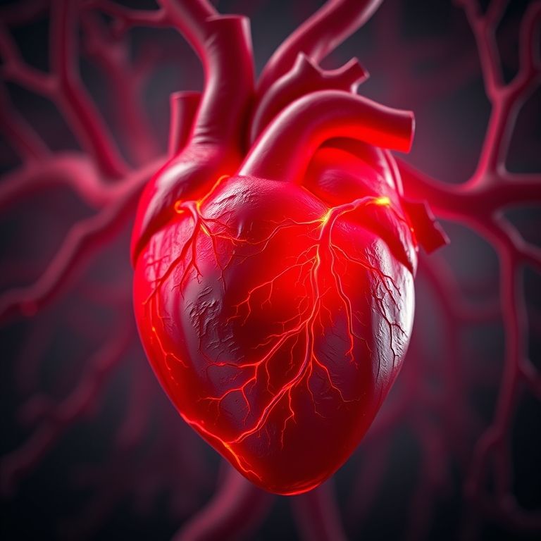 Coração com vasos sanguíneos iluminados em vermelho, simbolizando a vida.