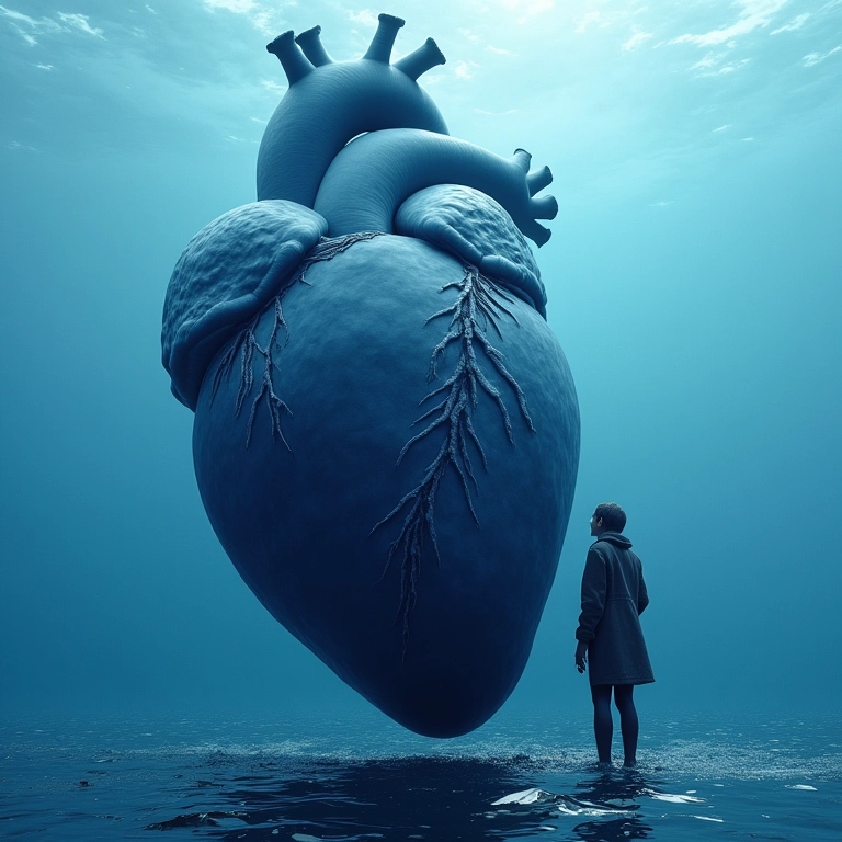 Coração gigante de uma baleia azul comparado a um humano.