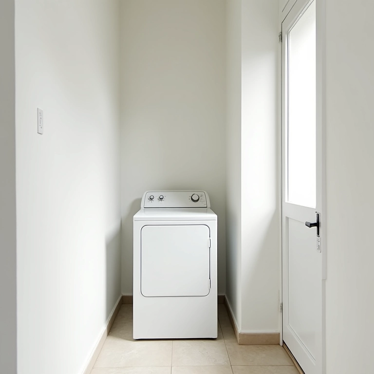 Cores claras ampliando o ambiente de uma lavanderia pequena.