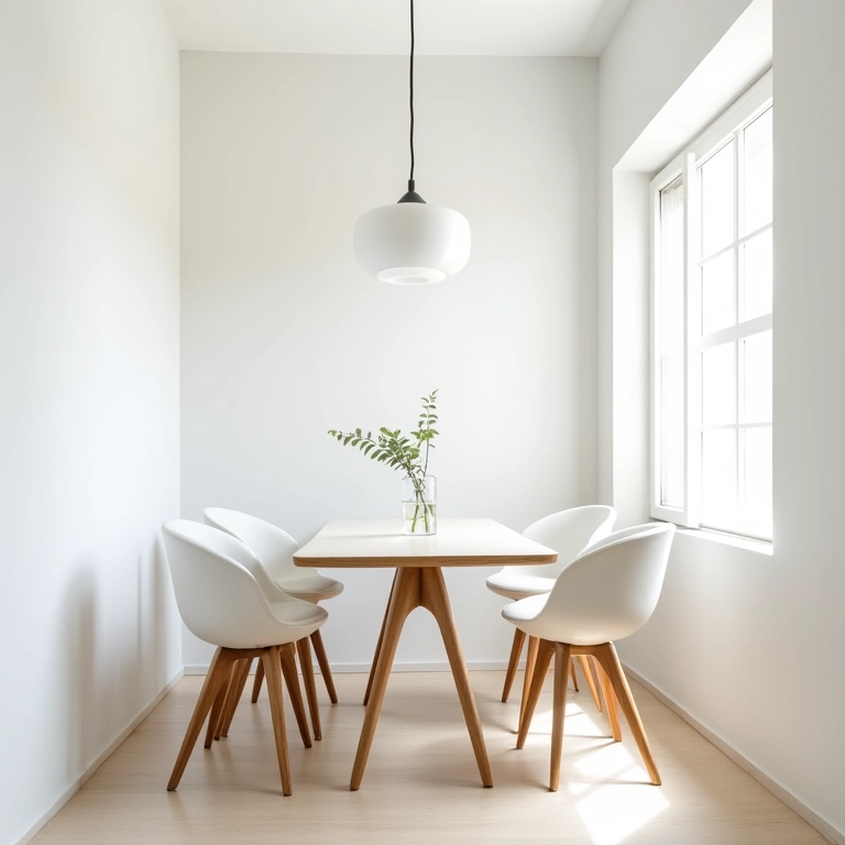 Cores claras em sala de jantar pequena, criando ambiente leve.