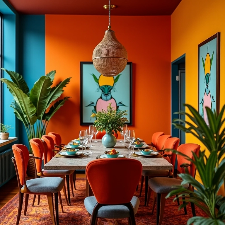 Cores vibrantes alegrando a sala de jantar.
