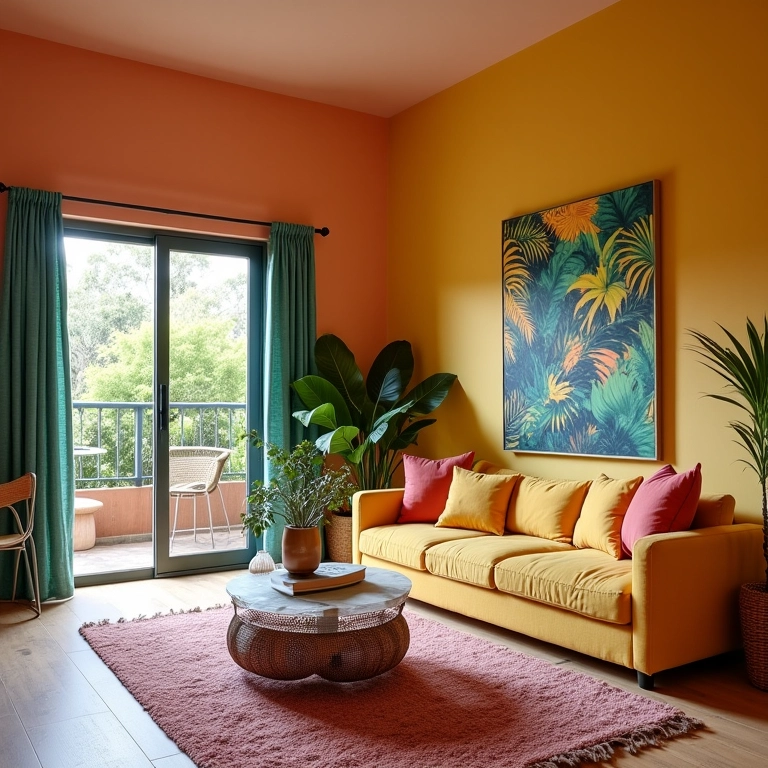 Cores vibrantes e harmoniosas em sala integrada com varanda.