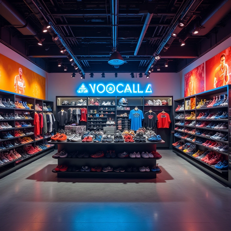 Cores vibrantes e iluminação estratégica em loja de artigos esportivos.