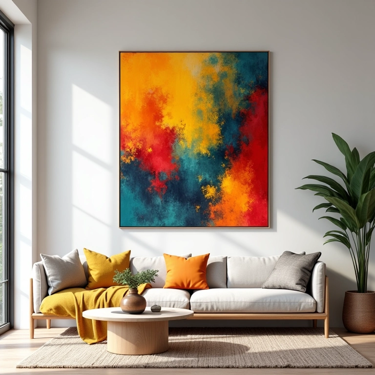 Cores vibrantes: quadro abstrato com cores brasileiras em sala iluminada.