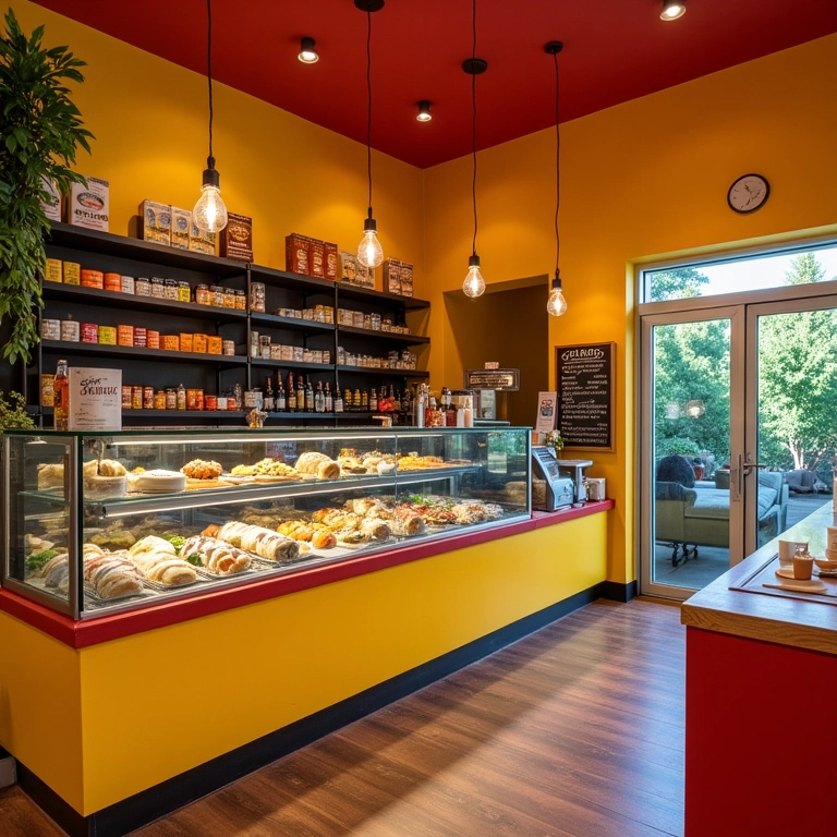 Cores vibrantes que apetecem em uma delicatessen com design brasileiro.