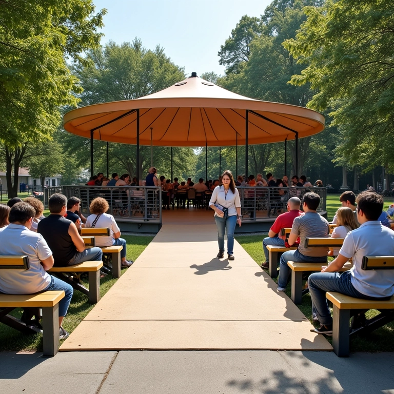 Coreto acessível com rampa para cadeirantes e espaços amplos para todos.