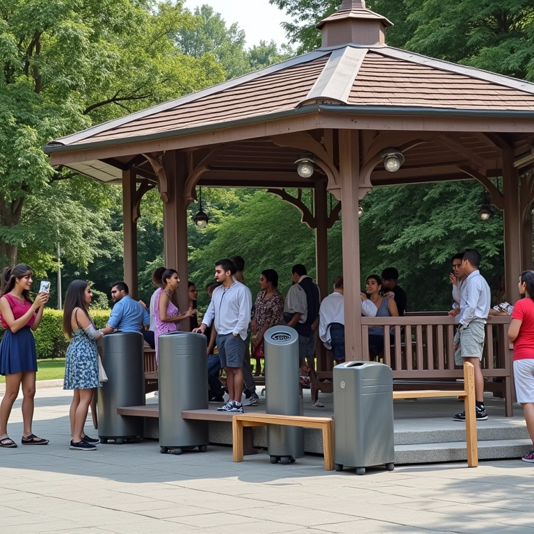 Coreto com mobiliário urbano confortável e funcional, como bancos e lixeiras.