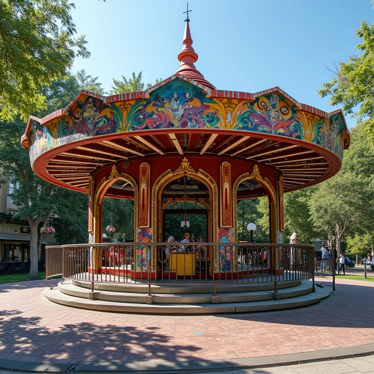 Coreto decorado com painéis artísticos, mosaicos e grafites que celebram a cultura local.