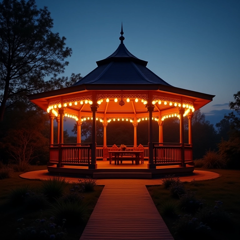 Coreto iluminado com luzes aconchegantes, criando um ambiente charmoso ao entardecer.