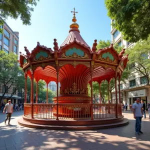 Coreto revitalizado em praça pública brasileira, com arquitetura charmosa e ambiente convidativo.