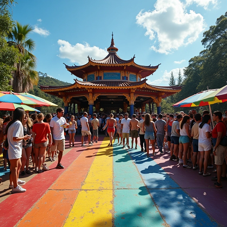 Coreto vibrante com cores alegres, contagiando a praça pública com alegria.