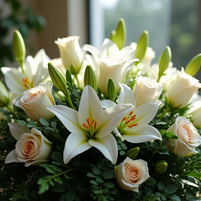 Coroa fúnebre de lírios e rosas brancas, homenagem póstuma.