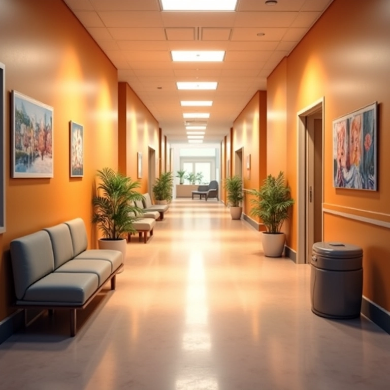 Corredor de hospital com cores acolhedoras e áreas de descanso.
