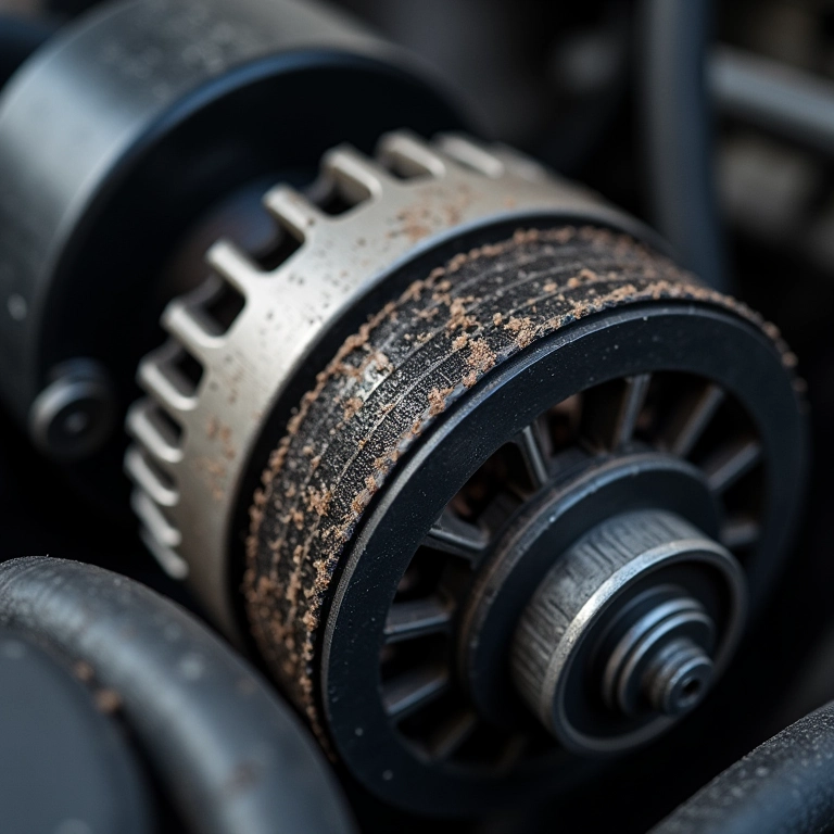 Correia do alternador quebrada ou solta no motor de um carro.