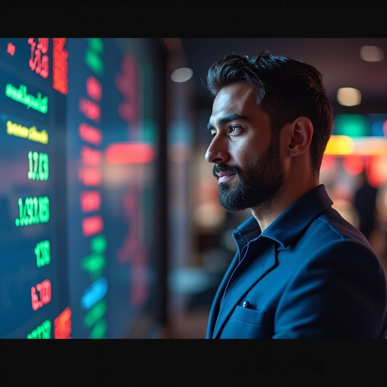 Corretor da bolsa brasileiro olhando para um ticker de ações, feliz com as oportunidades de desconto.