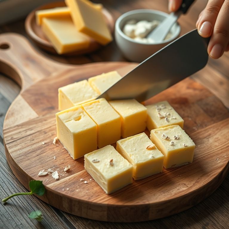 Corte do doce de leite em pedaços quadrados em tábua de madeira.