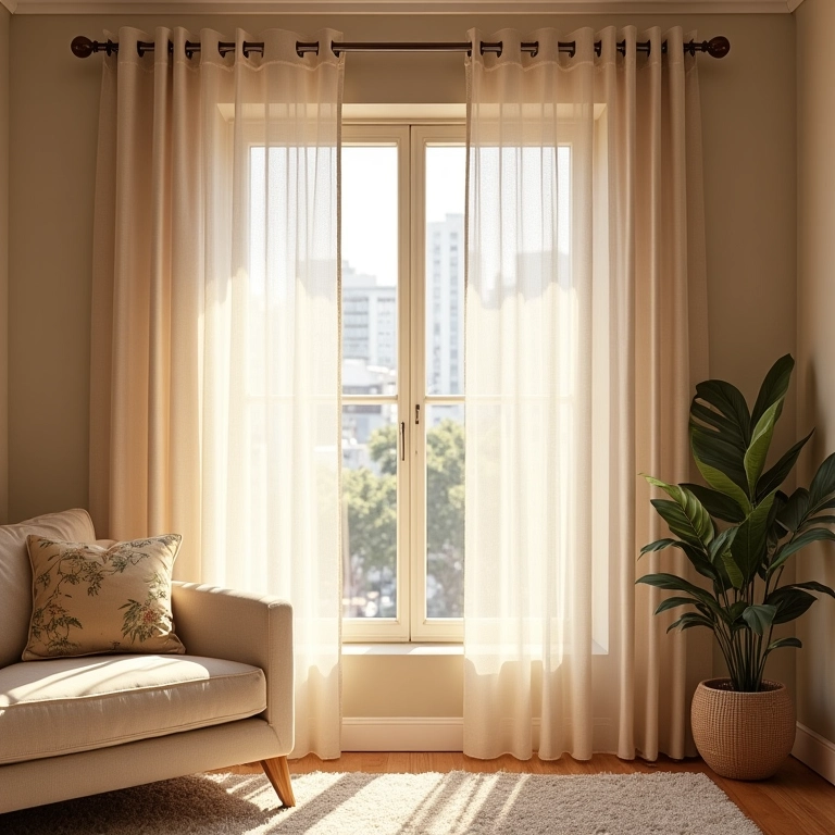 Cortinas de linho e persianas de madeira em uma sala de TV iluminada.