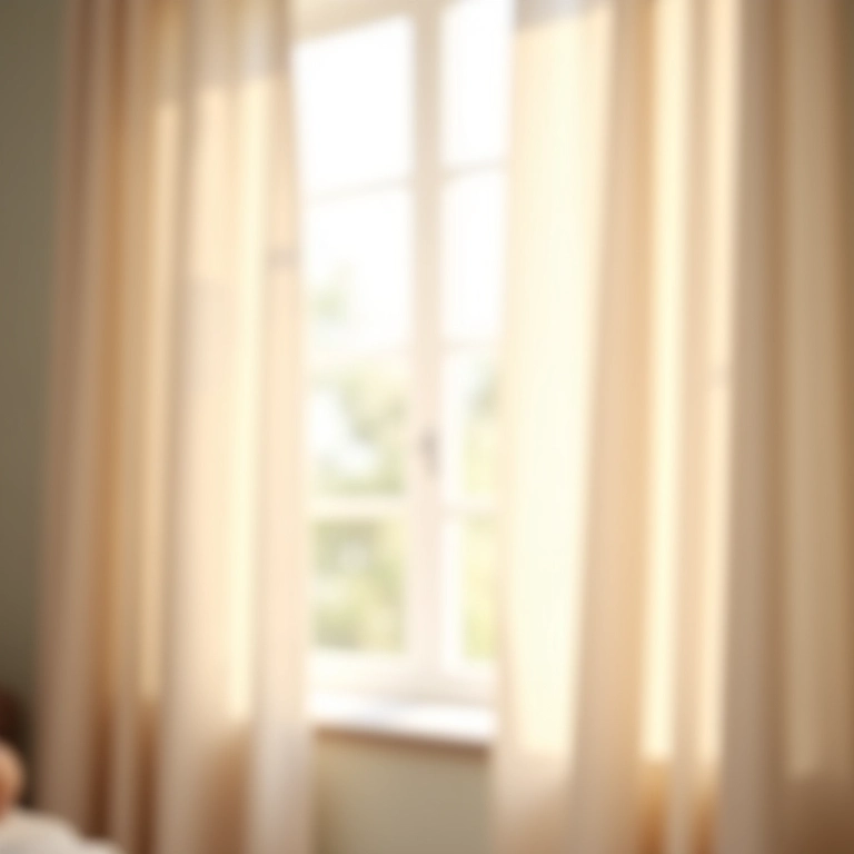 Cortinas de tecido leve em quarto de bebê, com luz suave e difusa.