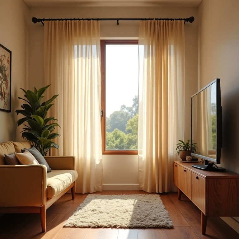 Cortinas leves e claras para luz natural e privacidade em sala de TV.