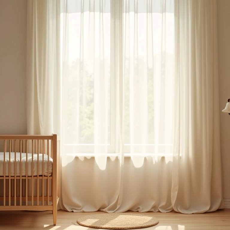 Cortinas leves e transparentes em quarto de bebê neutro.