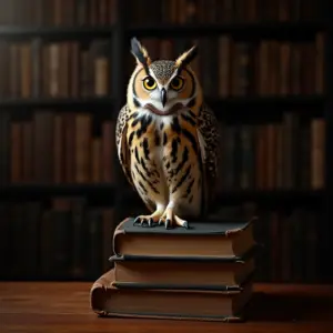 Coruja empoleirada em livros antigos, simbolizando sabedoria.