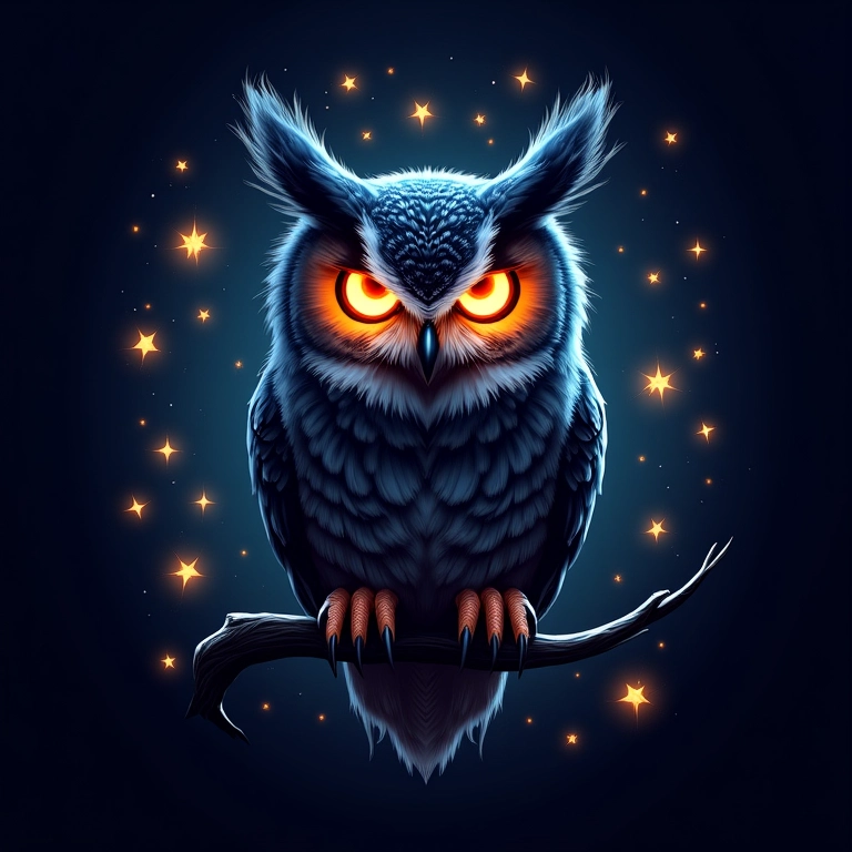 Coruja mística com olhos brilhantes e símbolos mágicos.