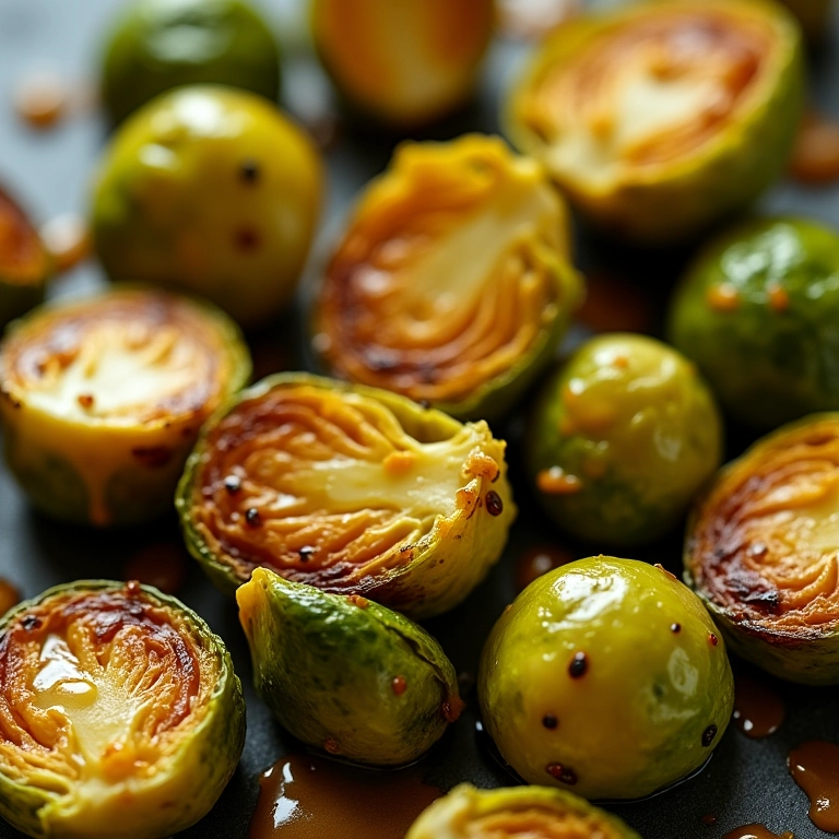 Couve de Bruxelas assada com mel e mostarda, com aspecto caramelizado.