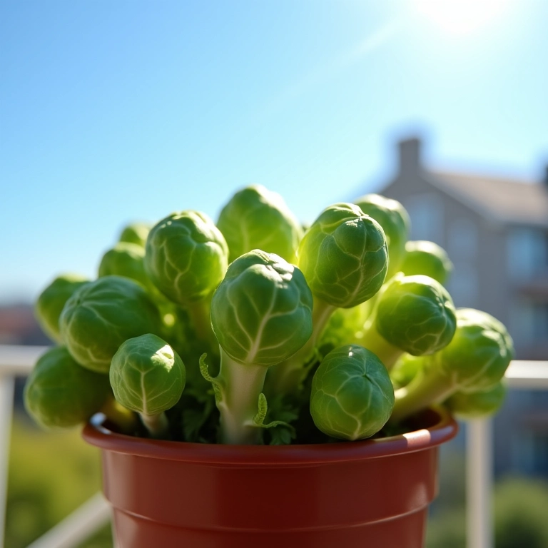 Couve de Bruxelas em vaso recebendo luz solar na varanda.