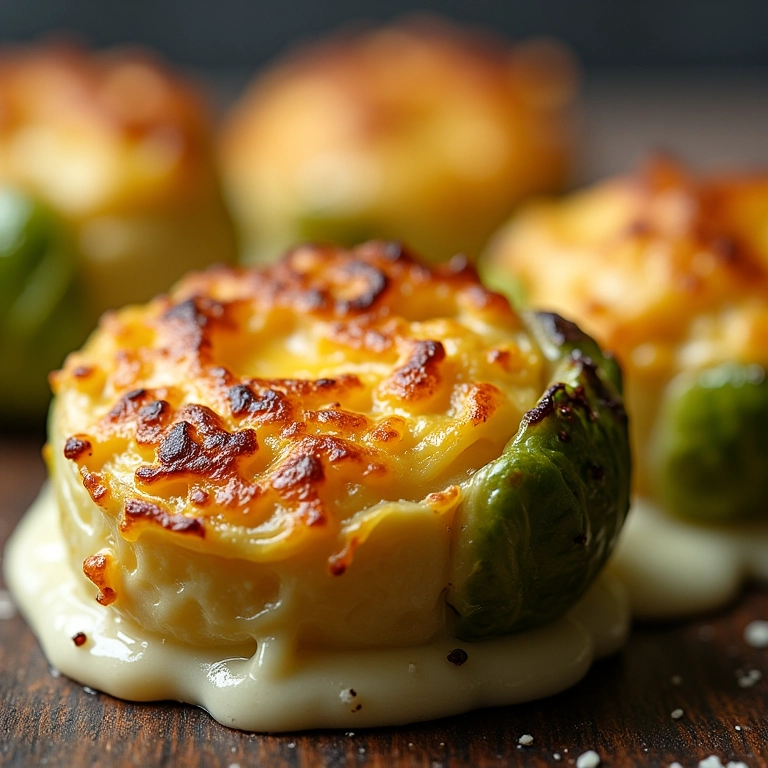 Couve de Bruxelas gratinada com molho bechamel e queijo parmesão, crosta dourada.