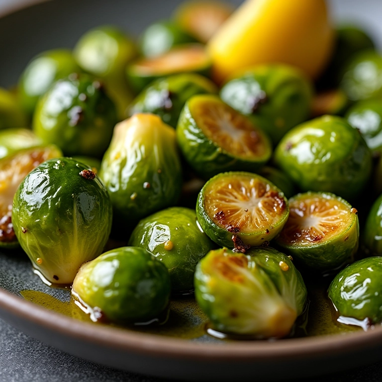 Couve de Bruxelas refogada com alho e limão, brilhando com azeite.