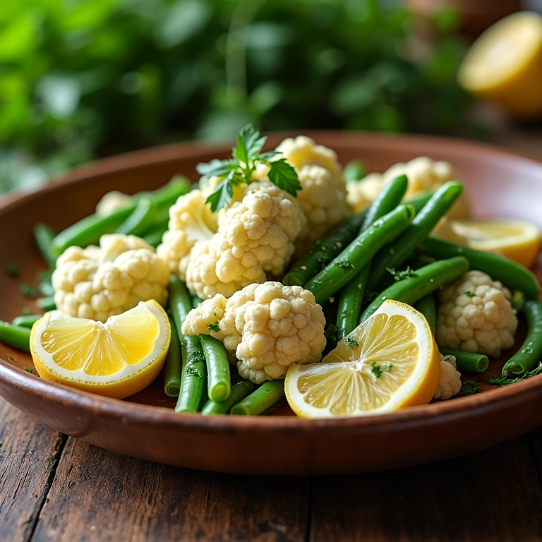 Couve-flor e vagem no vapor com limão e ervas.