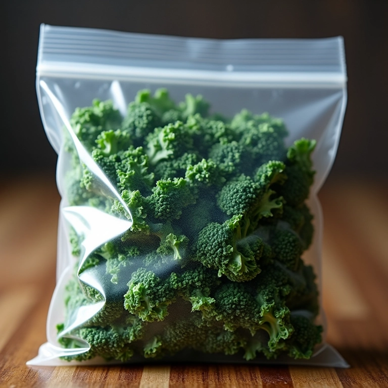 Couve picada congelada em um saco para freezer, pronta para usar.