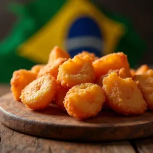 Coxinha de frango crocante em close-up, pronta para comer.