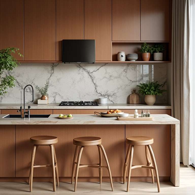 Cozinha com materiais naturais e design biofílico.