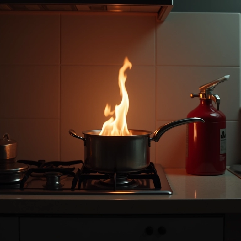 Cozinha com panela no fogão e extintor por perto.