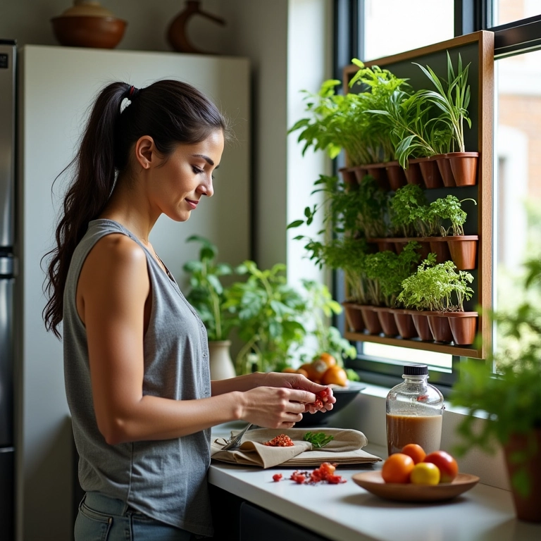 Cozinha compacta com jardim vertical de temperos frescos, mulher cuidando.