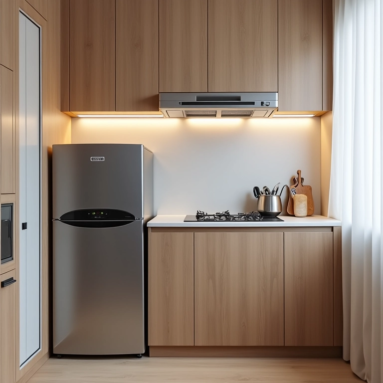 Cozinha compacta e funcional em um studio.