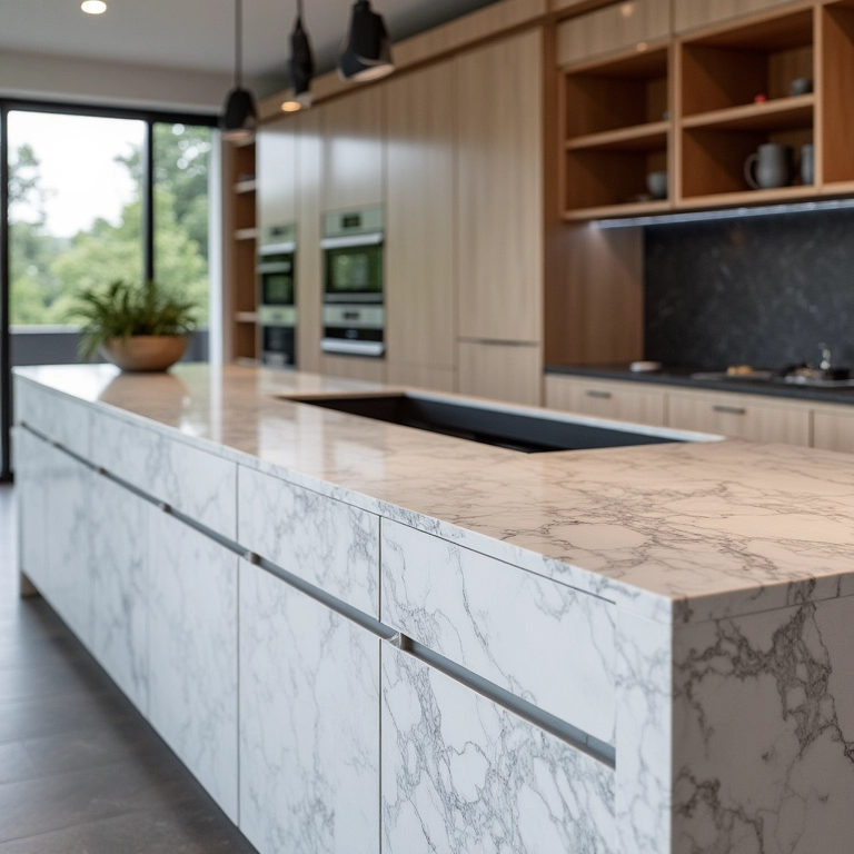 Cozinha contemporânea com bancadas de quartzo Caesarstone, exibindo inovação e design.