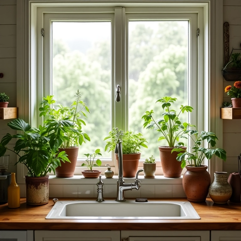 Cozinha de casa de campo com plantas e flores integradas à decoração.